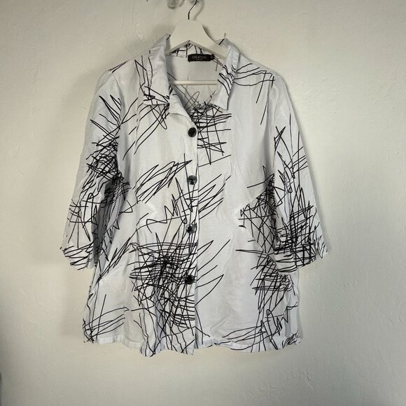 Creation Womens White & Black Abstract Print Button-Up Shirt Large 3/4 Sleeve - Picture 1 of 9